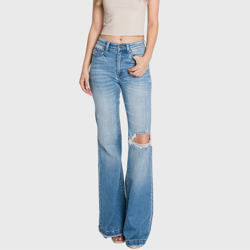 Distressed High Rise Flare Jean